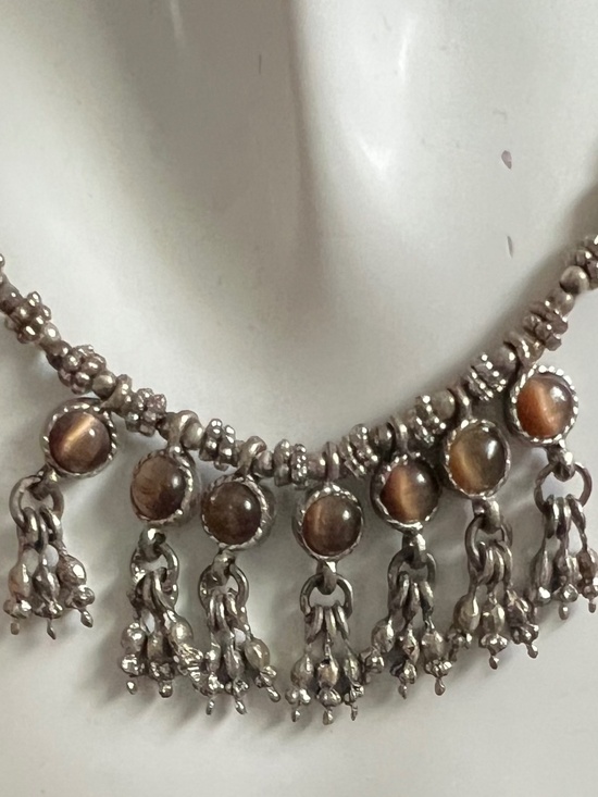 Jewelry - Vintage Tribal Ethnic Sterling Silver Tigers Eye Fringe Tassel Necklace Boho